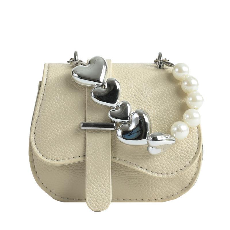Trendy Mini Handbag 2024 Spring Pu Material Street Fashion Chain Shoulder Crossbody Bag Beaded Heart Stitching Line