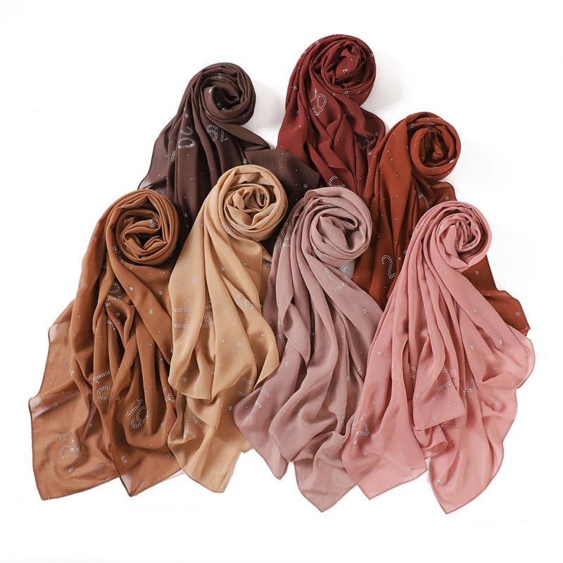Rhinestone Arabic Numerals Beads Bubble Chiffon Hijab Shawls Women Wrap Elastic Muslim Full Cover Islam Foulards Bonnet Headband