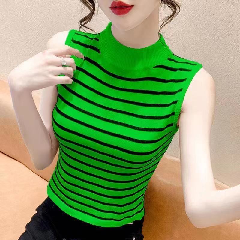 Women's Slim Short Half-high Neck Knitted Top Outerwear Layered Vest Sleeveless Small Striped