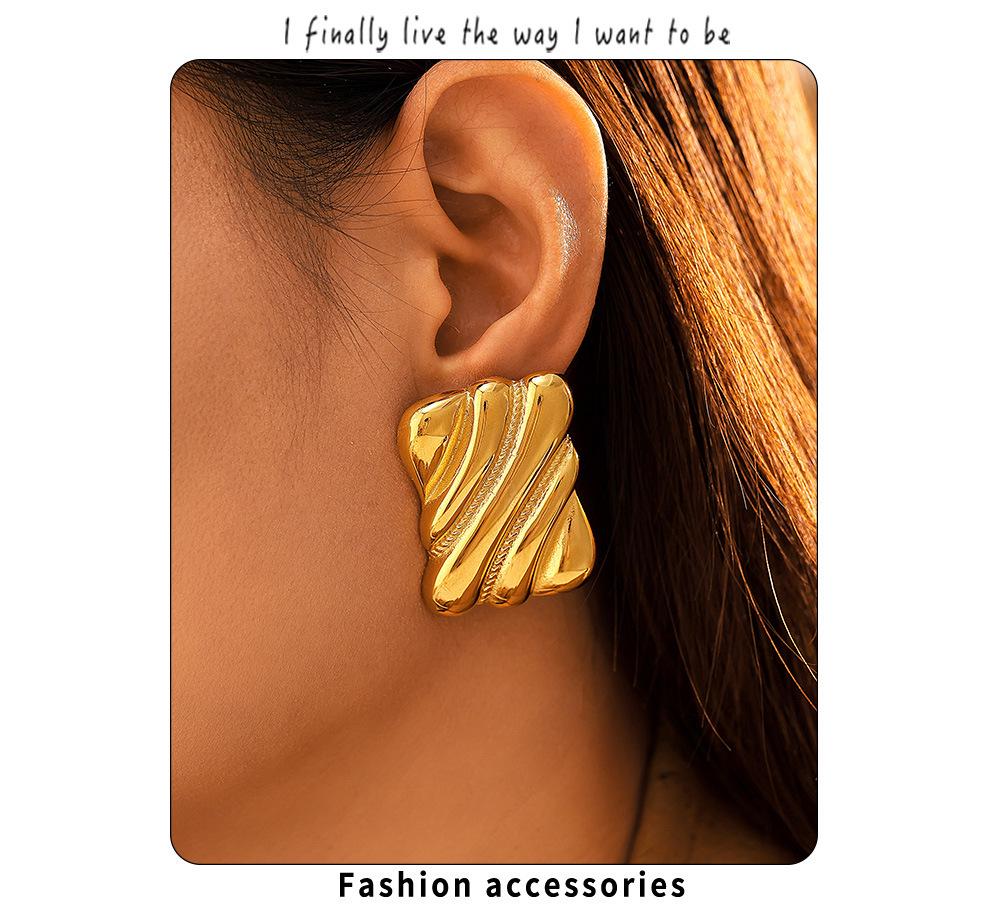 Qiong Yao Geometric Ribbed Stud Earrings, Gold-Plated Stainless Steel, Hypoallergenic Fashionable Jewelry