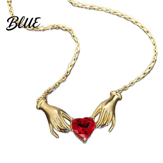 Vintage Style Alloy Necklace Hands Holding Heart Necklace Red Cubic Zirconia Meaningful Valentine Day Jewelry Gold-Tone Romantic Dainty for