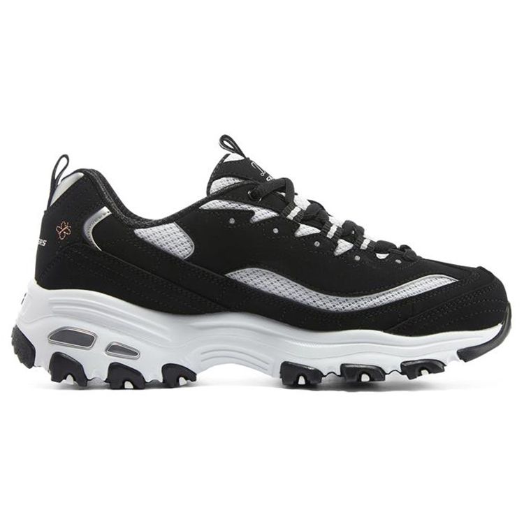 Skechers DLites 1.0 Floral Bear Fabric Leather Sport Versatile Shock Absorbing Durable Low Top Dad Shoes Women Sneakers Black White 896155-BKW