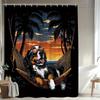 1Pc Sunbathing Curtain Dog Hammock Palm Tree Tropical Beach Sunset Bathroom Decor Polyester Fabric With 12 Hooks, 180X180Cm