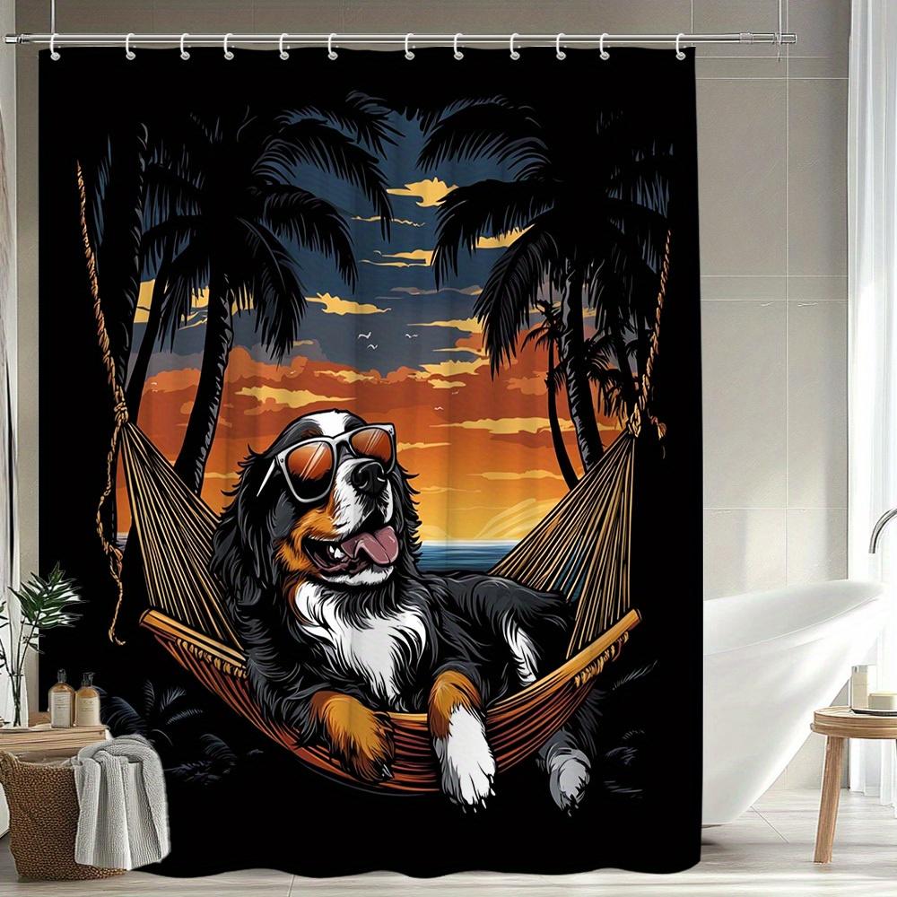 1Pc Sunbathing Curtain Dog Hammock Palm Tree Tropical Beach Sunset Bathroom Decor Polyester Fabric With 12 Hooks, 180X180Cm