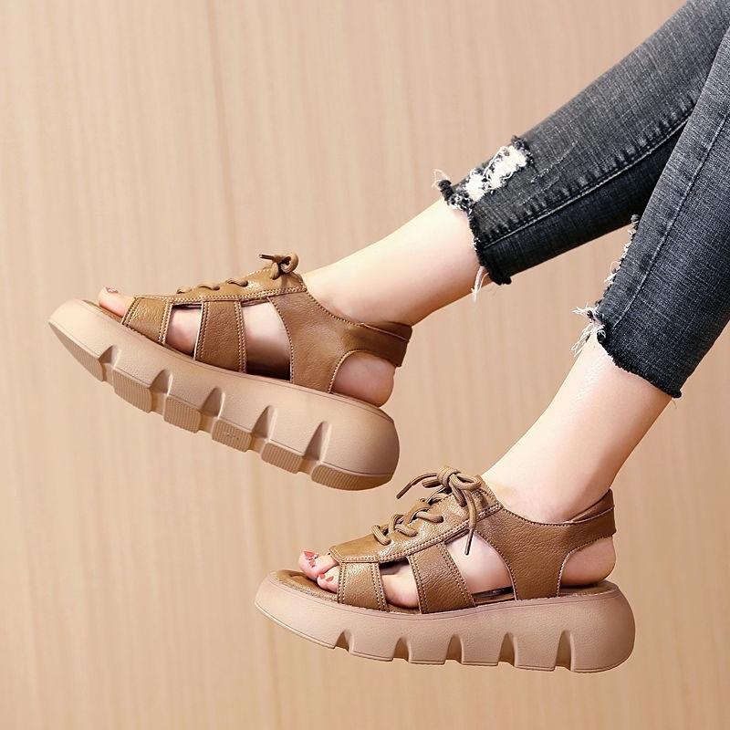 Roman sandals women's summer real soft leather new lace-up thick-soled fish mouth sandals wear muffin bottom flat-soled cool boots