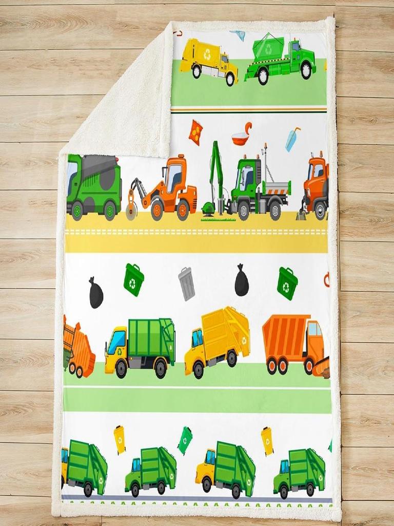 Garbage Trucks Kids Throw Blanket Cartoon US Vehicles Fleece Blanket for Boys Girls Adults Green Twin Size X Inches