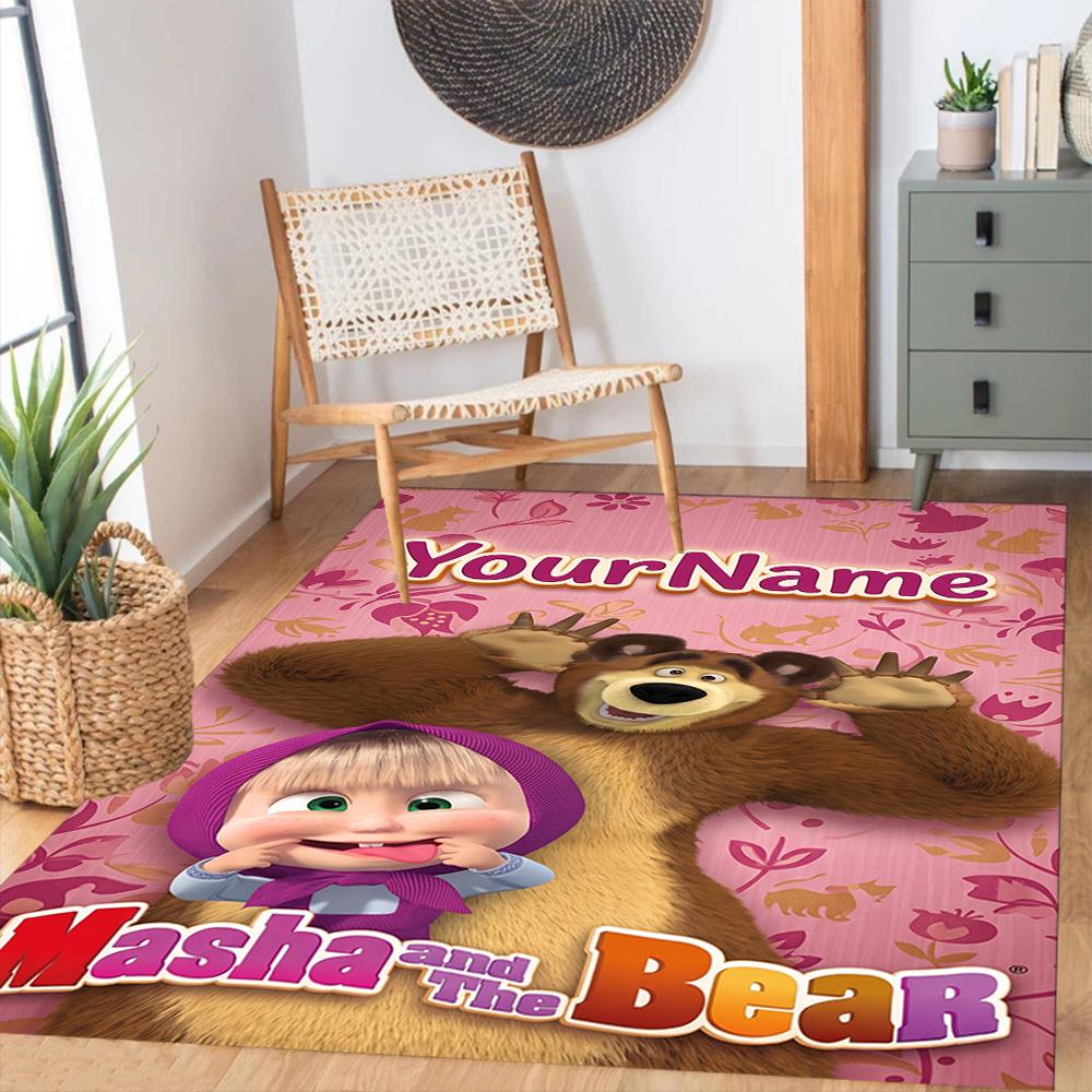 Masha Bear Customized Name Floor Rug Office Rug Perfect for Decorate Room Foyer Playrooms Dormitory Anti-slip Rug Decorate Offices
