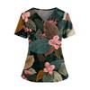 Ladies' Fashionable Floral Print V-neck Double Pocket Short Sleeved Shirt With Slit Hem And Protective Worker's Top
