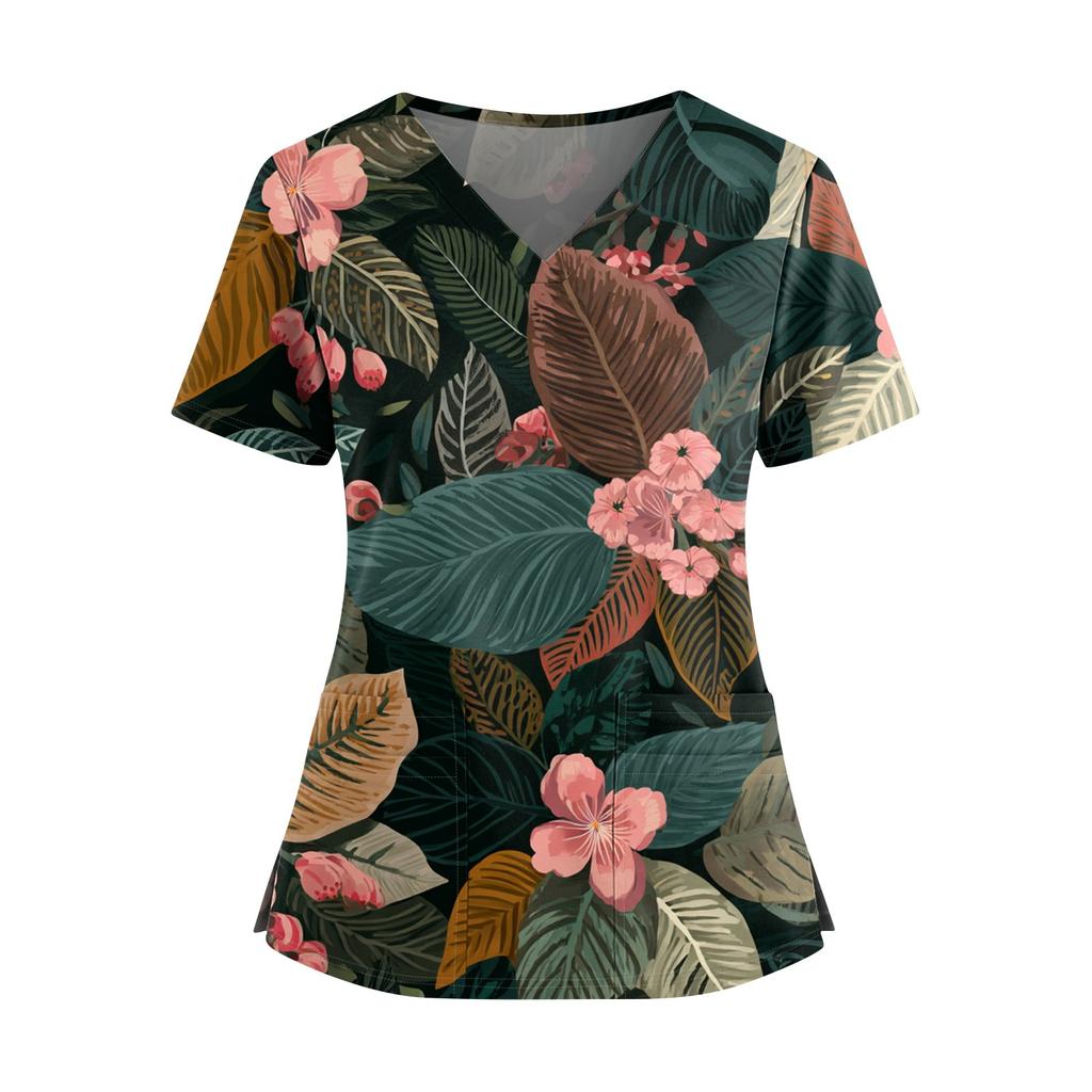Ladies' Fashionable Floral Print V-neck Double Pocket Short Sleeved Shirt With Slit Hem And Protective Worker's Top