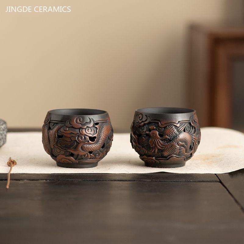 90ml Purple pottery vintage tea cup hand-carved ceramic master cup Traditional dragon phoenix single cup custom tea accessories
