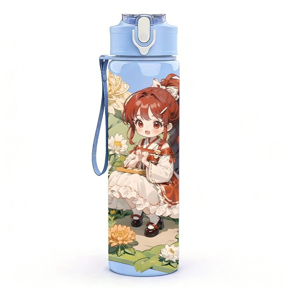 1PC Red Hair Girl Garden Floral Pattern 750ml Color Plastic Sports Water Bottle Leakproof Flip Straw Lid Suitable for Sports Office Home Use