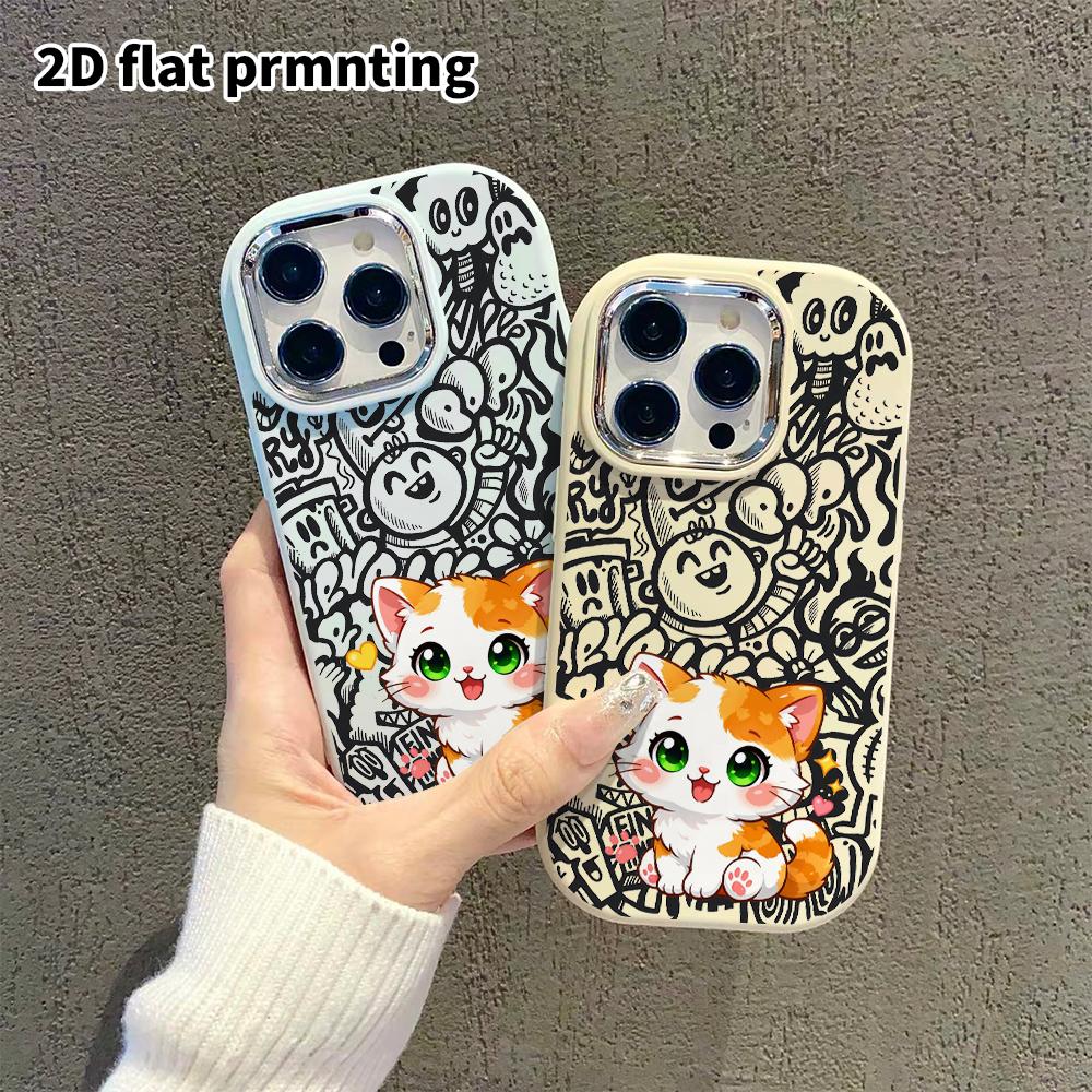 Phone case: 2D flat design suitable for iPhone 18 17 16 15 14 13 Pro protective case, couple style, orange and white kitten, Christmas and Halloween g