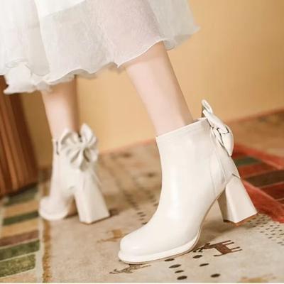 Decor nou cu vârf rotund, cu toc pătrat, cu fundă, pantofi de damă la modă, eleganti, rezistenți la uzură, ocazional, cizme scurte confortabile