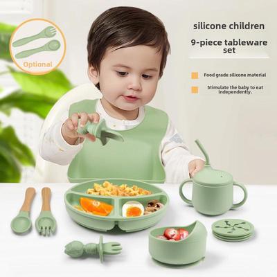 Children's Silicone Tableware Set: 9-Piece Shatter-Resistant Dinnerware with Plate, Bowl, Fork, Spoon, and Bib