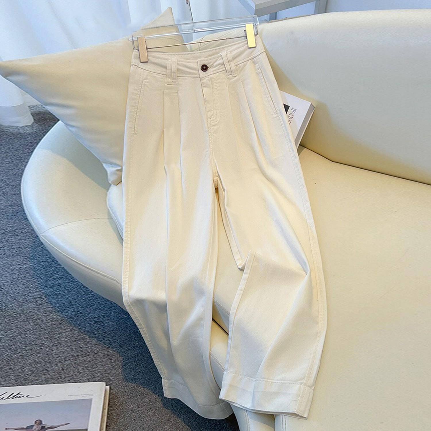 

Women s High-Waist White Denim Wide-Leg Cropped Pants - Spring/Autumn Slim Fit Medium
