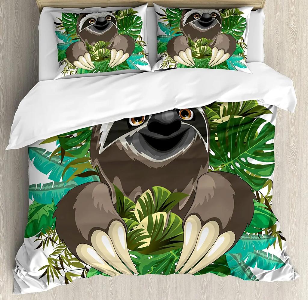 Sloth Bedding Set For Bedroom Bed Home Cartoon Mammal on Tropical Jungle with Green Banana Duvet Cover Quilt Cover Pillowcase