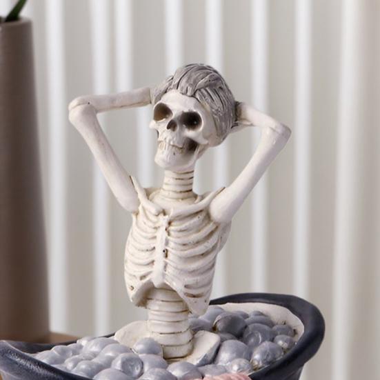 Halloween Skeleton Figurine Resin Bathing Skeleton Statue Desktop Skeleton Ornament for Bookshelves Tables Cabinets