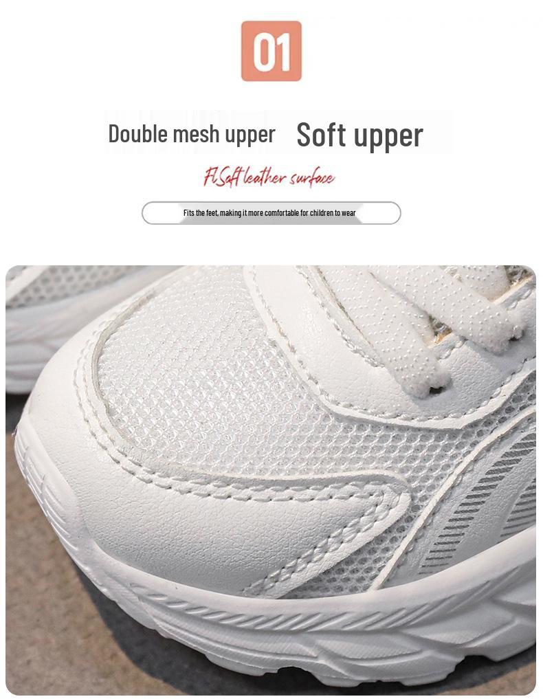 Kids' White Breathable Mesh Sneakers - Lightweight, Non-Slip Casual Running Shoes for Elementary Students