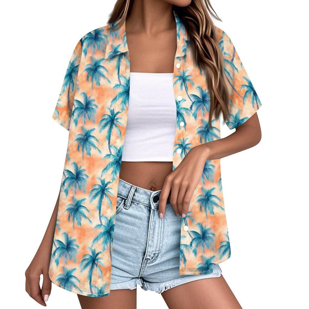 Women’s Fashion Casual Hawaiian Print Short Sleeve Button Down Collared Shirt Top with Relaxed Fit for Everyday Wear