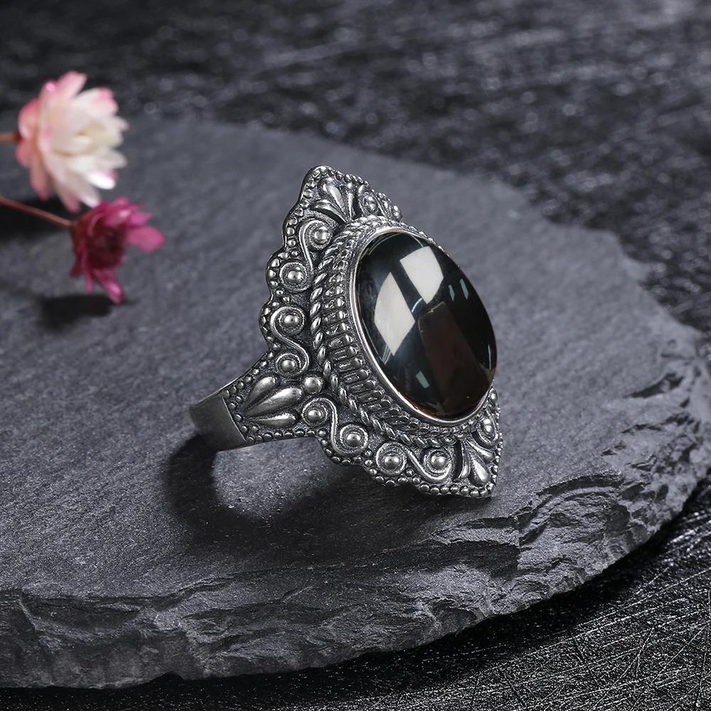 10*14MM Natural Big Agate CopperRing for Women Oval Round Ring Gift Sun Shaped Retro Luxury Fine Jewelry
