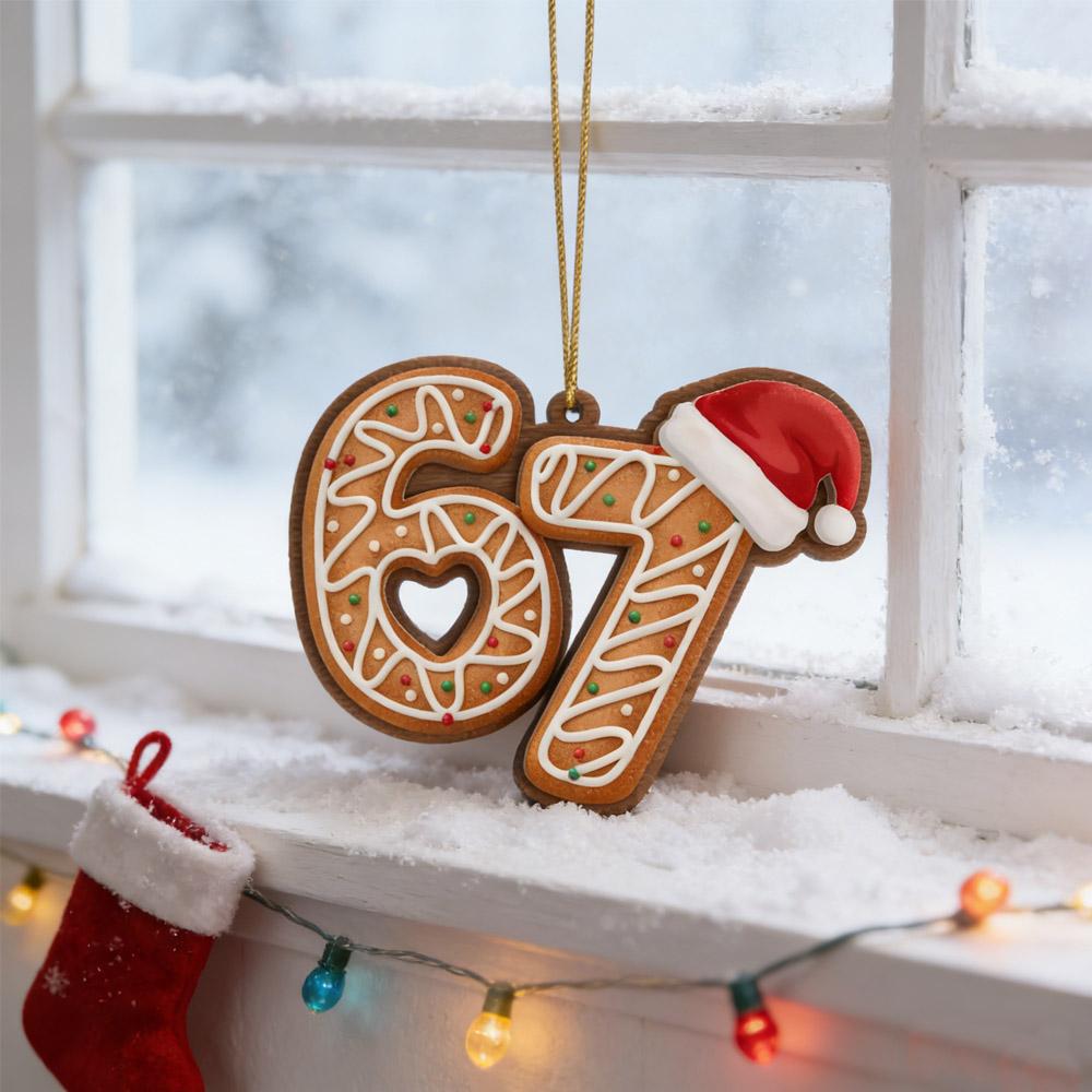 Gingerbread - Style Christmas Ornament Number 67 with Santa Hat Festive Hanging Decoration for Christmas Tree Home & Holiday