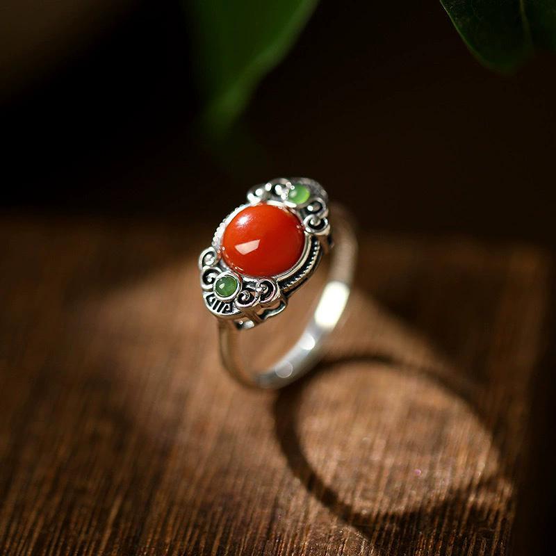 Ethnic Style Thai Silver Flower Green Stone Adjustable Finger Rings For Women Fashion New Jewelry Gift Party anillos