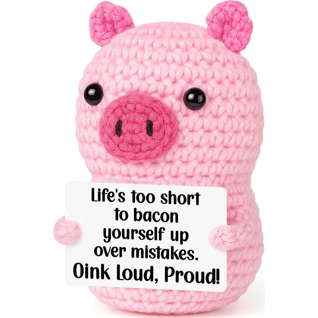 Pink Cute Pig Positive Crochet Animals Doll With Card Desktop Ornament Emotional Support Handmade Knitted Cheer Up Toy