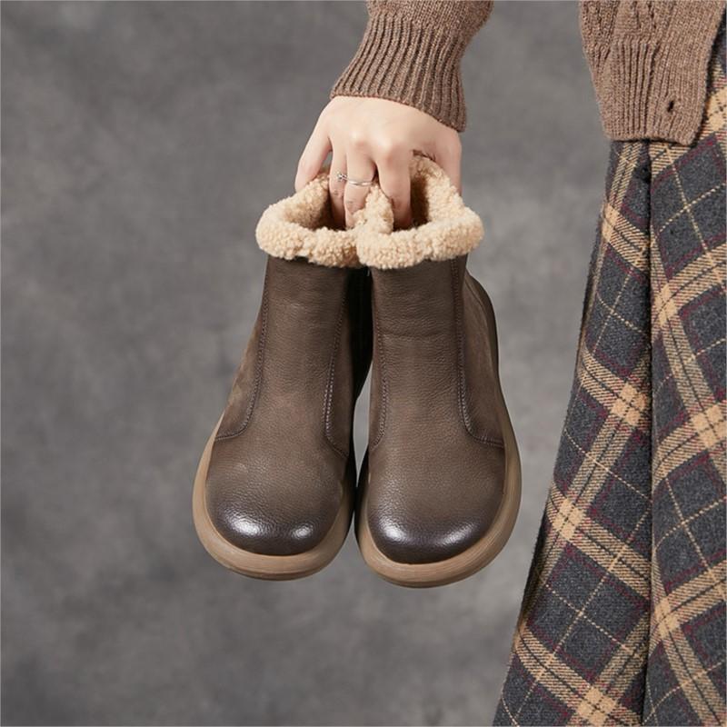 Johnature Genuine Leather Plush Warm Ankle Boots Round Toe Soft Soled Versatile Women's Cotton Boots