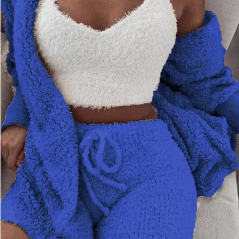 

Womens Sexy Fuzzy Warm Sherpa Fleece 3 Piece Outfit Fleece Coat Jacket Outwear and Spaghetti Strap Crop Top Shorts Set XXXL темно-синього кольору