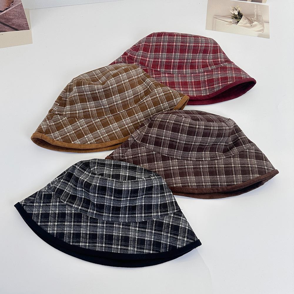Plaid Double-sided Suede Bucket Hat Women's Autumn and Winter New Basin Hat Versatile Face Small Plain Bucket Hat