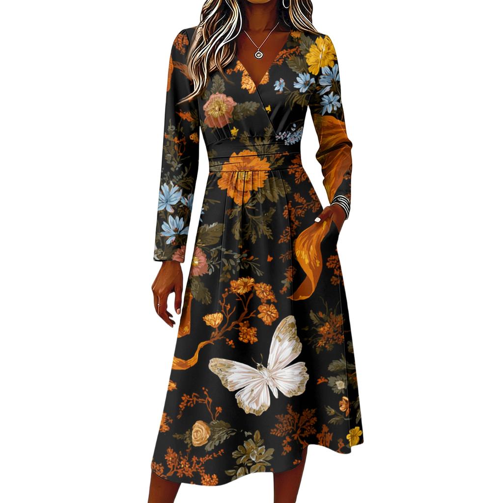 Women's Stylish Halloween Print Long Sleeve V-Neck Casual Dress with Pockets