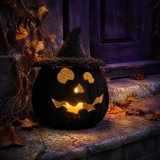 Bol à bonbons en résine noire Panier Citrouille d'Halloween, Lanterne Ornementale Tressée Fausse, Pot d'Éclairage d'Ambiance Mystérieuse Sinistre pour Décoration de Table de Chevet Cheminée