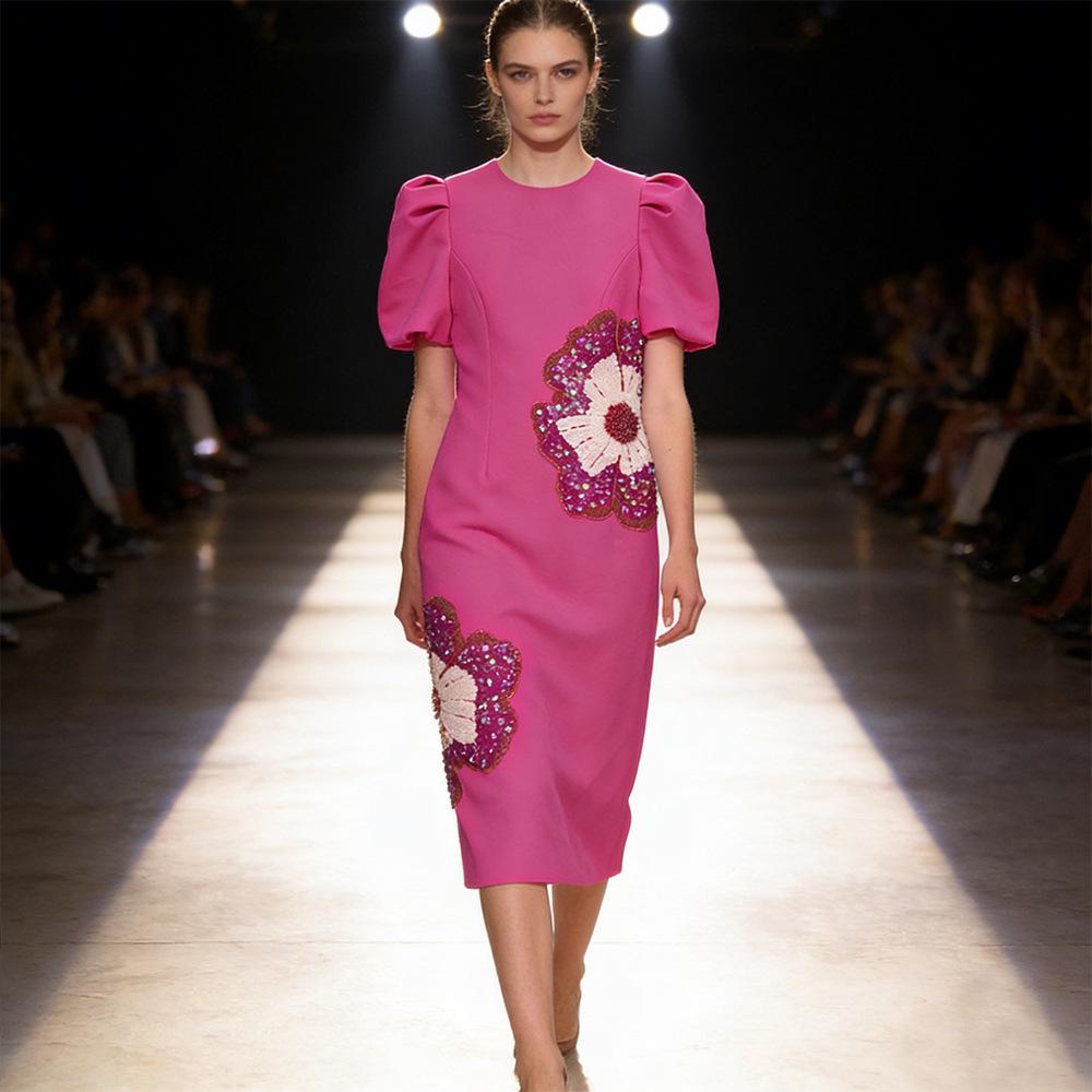 High-End Designer Sequin & Floral Short-Sleeved Formal Dress - High Street Fashion 2026