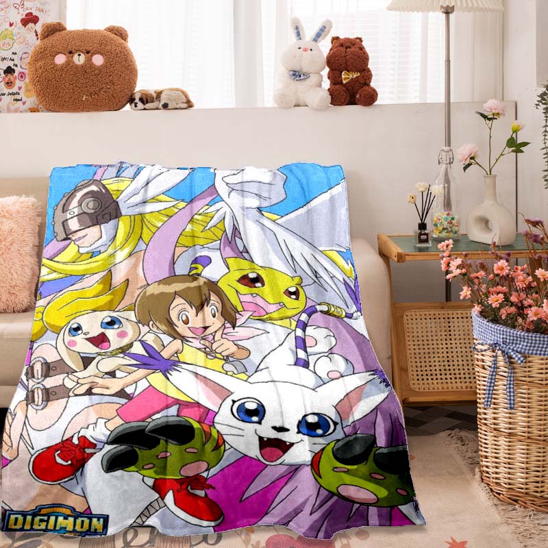 

This soft flannel blanket features Digimon Adventure monsters cartoon characters and is suitable for beds, bedrooms, sofas, picn 75x90cm