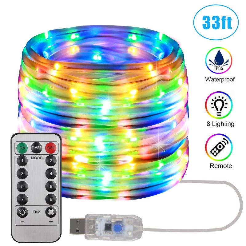 33ft/10m Led String Light 8 Modes Dimmable Waterproof Multi-color Outdoor Rope Strip Light With Remote Control