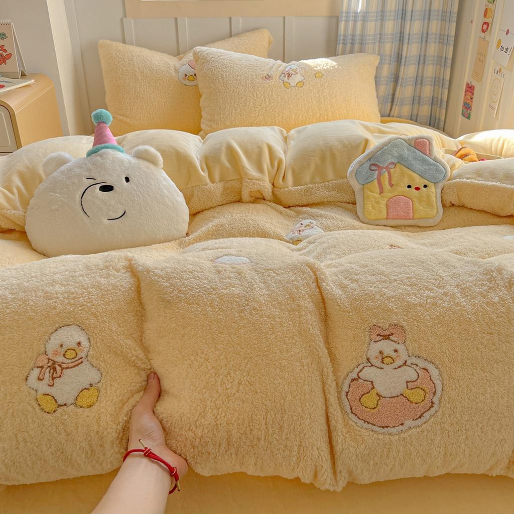 Thickened Milk Fleece Bed Four-Piece Set Warm Children'S Bedding Teddy Coral Fleece Quilt Cover Bed Sheet Three-Piece Set