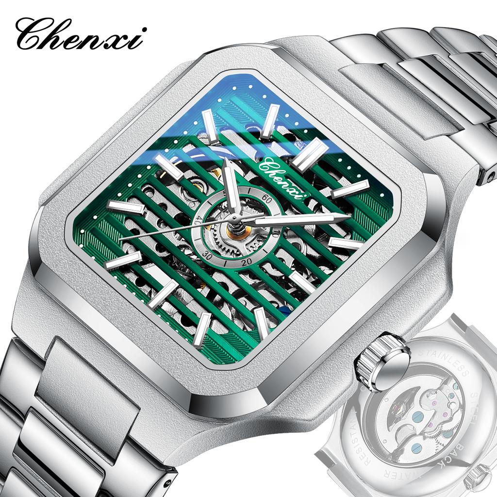 Original CHENXI Uhren Automatisch, Edelstahl, Mechanisches Uhrwerk Mode Wasserdicht Business Quadratisch Herrenuhren High-End