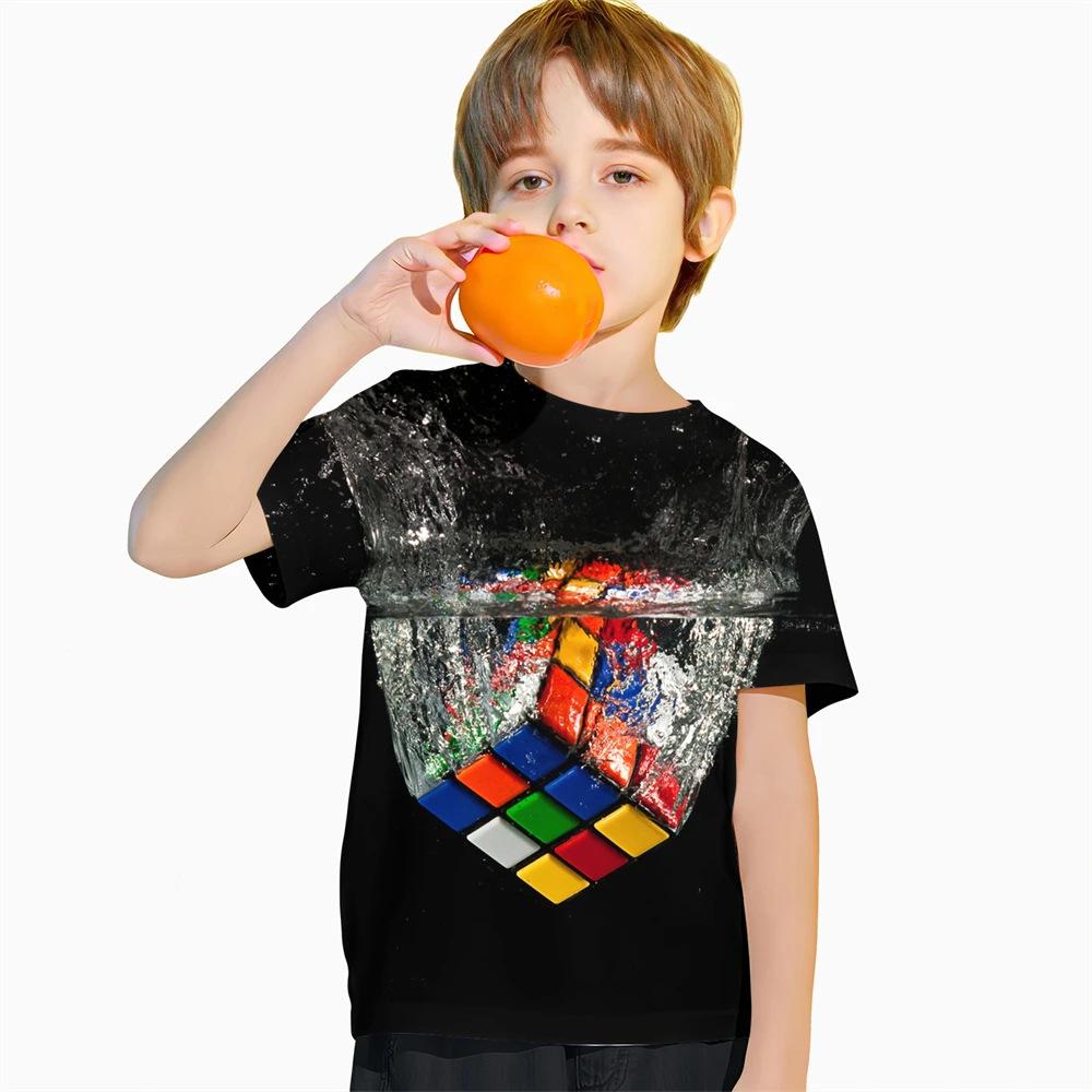 Sommar Rund Hals 3D Färgglad Rubiks Kub Tryckt Topp Trendig Casual Kortärmad Barn Pojk T-shirts