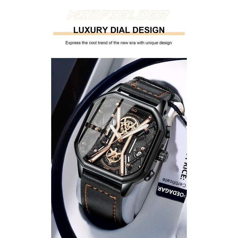 POEDAGAR Fashion Men Wristwatches Luxury Chronograph Luminous Waterproof Date Watch Square Dial Leather Quartz Watches