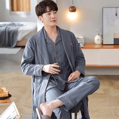 Nachthemd Herren Frühling und Herbst Baumwolle Langarm Langarm Bademantel Herren Baumwolle Pyjama Herren Herbst und Winter Dreiteiliges Set