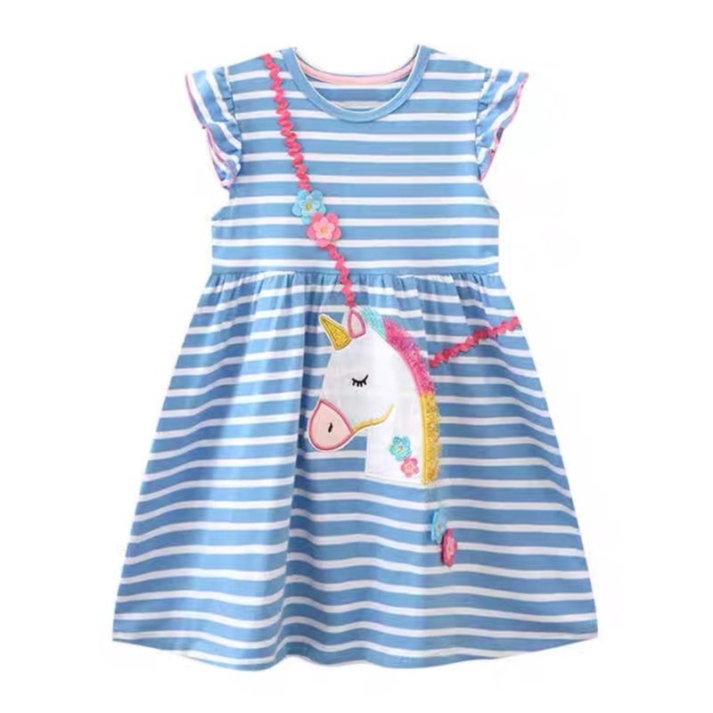 In Stock New Girls' Dresses European and American Style Unicorn Children's Summer Dress Knitted Cotton Princess Dress