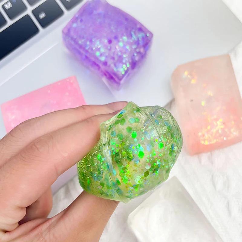 Slow Rebound Squeeze Toy Set, Colorful Aurora Ice Cube & Tofu Shapes, Tpr Sensory Stress Relief Blocks For Office And Classroom