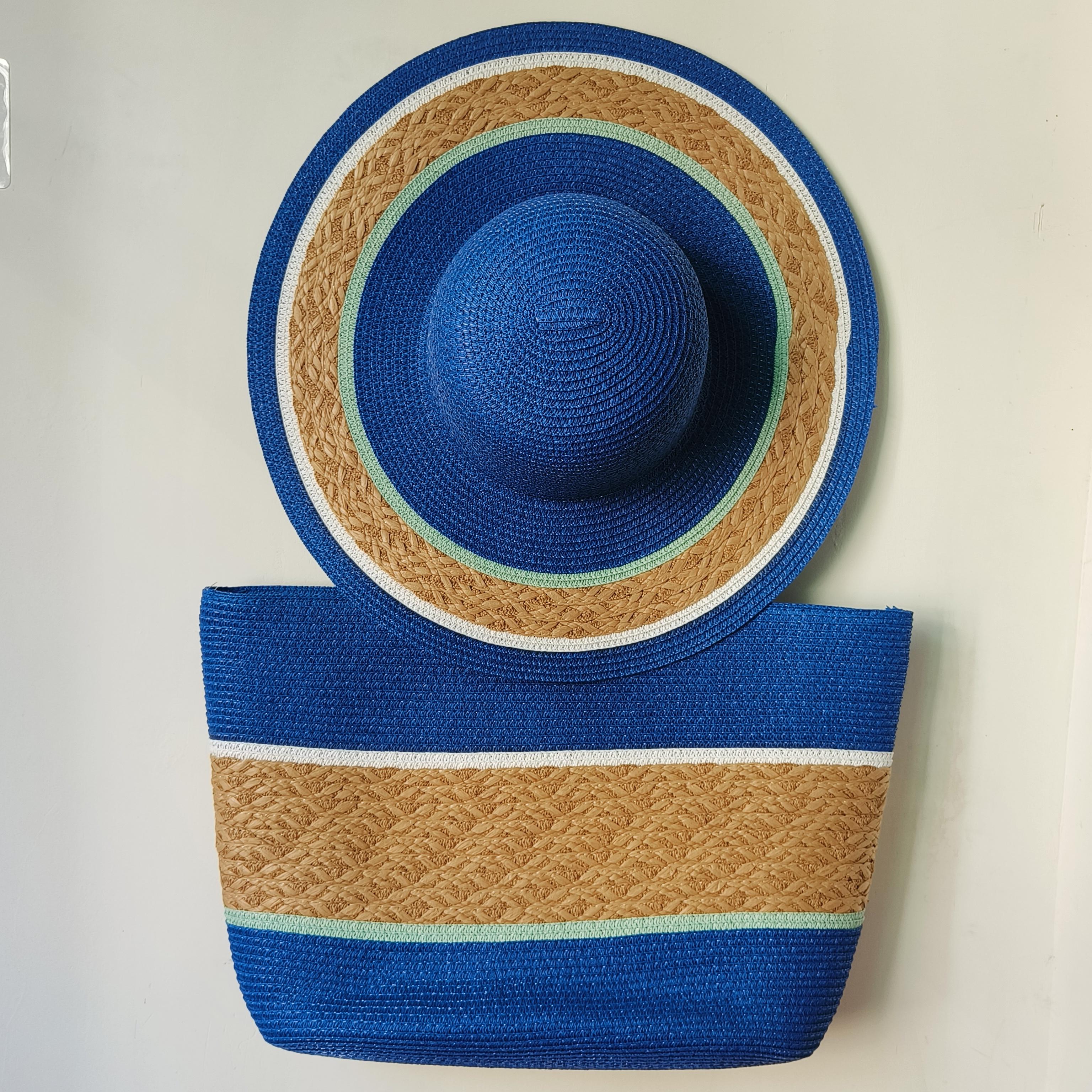 New Packable Straw hat and bag for women Beach hat hand-woven colorful hat tote bag hat suit straw fedora boater hat summer M 56-58