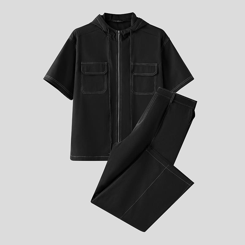 

INCERUN 2PCS Men Hooded Stitching Short Sleeve Shirt Long Straight Pants Sets Outfits S чёрный