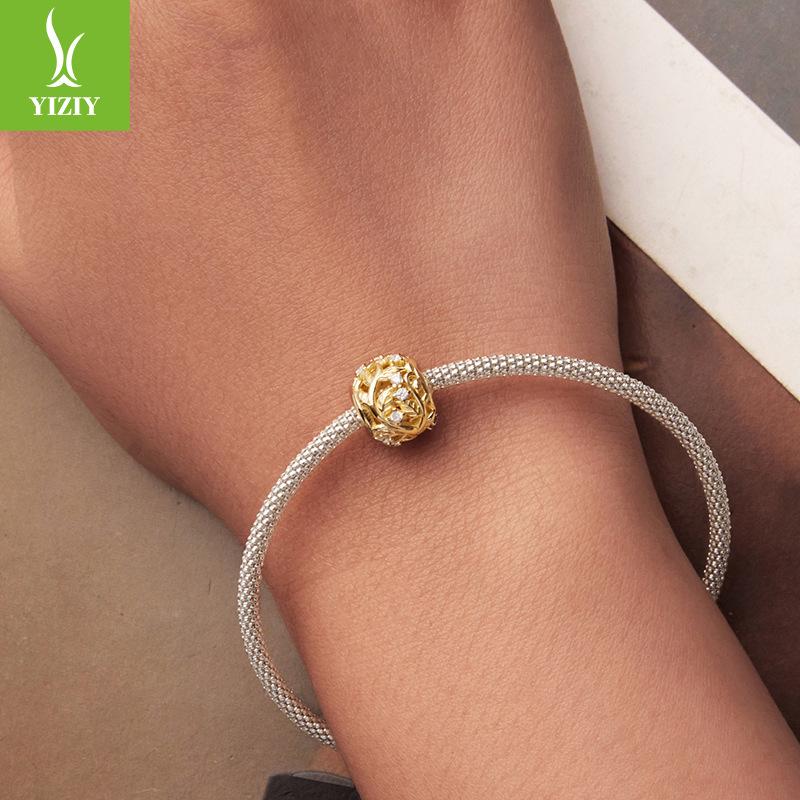 S925 Sterling Silver Plated 14K Gold Leaf Beaded Accessories Romantic Autumn Leaf Inlaid Zircon Beads Loose Beads