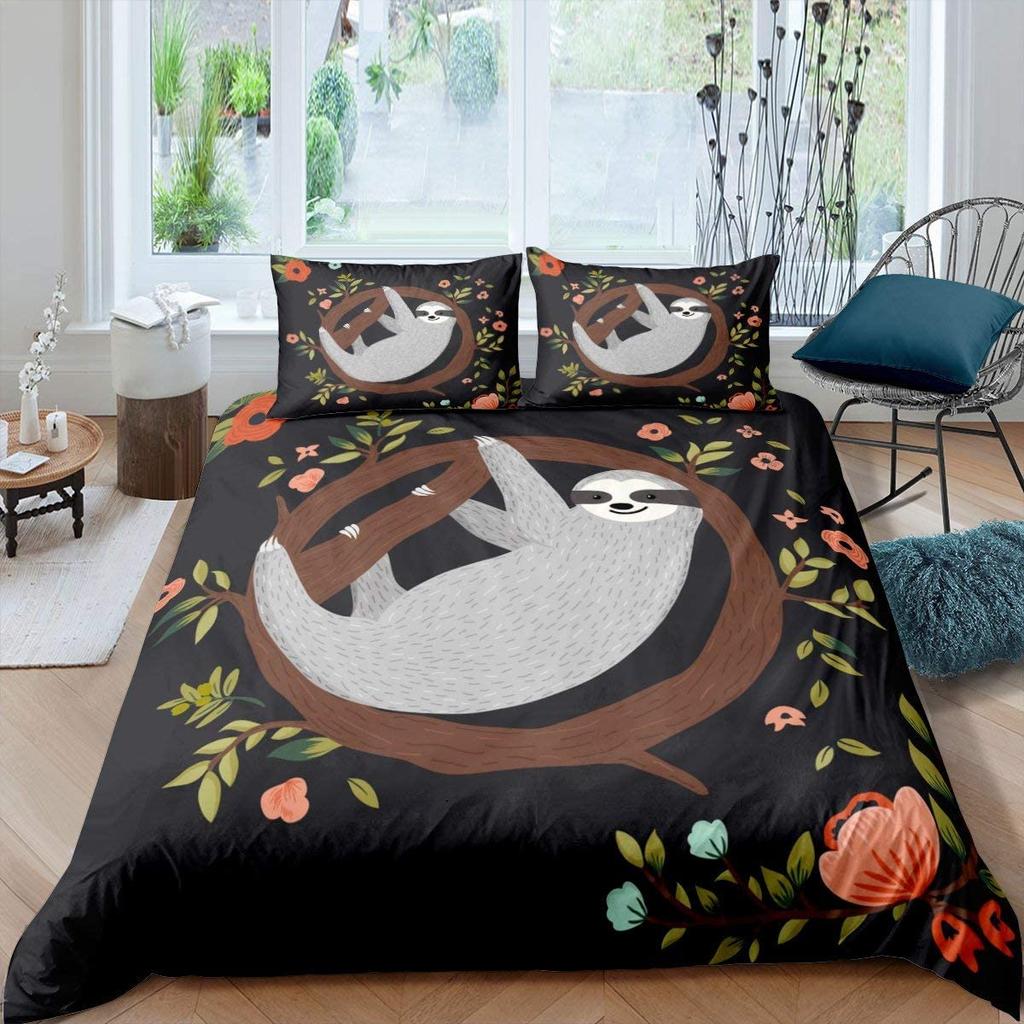 Kids Sloth Duvet Cover Set Queen King Size, Cute Animal Pattern Polyester Comforter Cover, Branches Winter Theme For Boys Girls