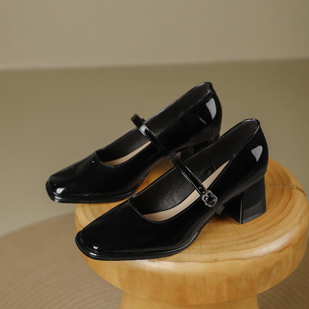 Patent Leather Thick High-heeled, New Women's Hundred with A Word with High-heeled Women's Single Shoes, Women's High-heeled Shoes, Elegant