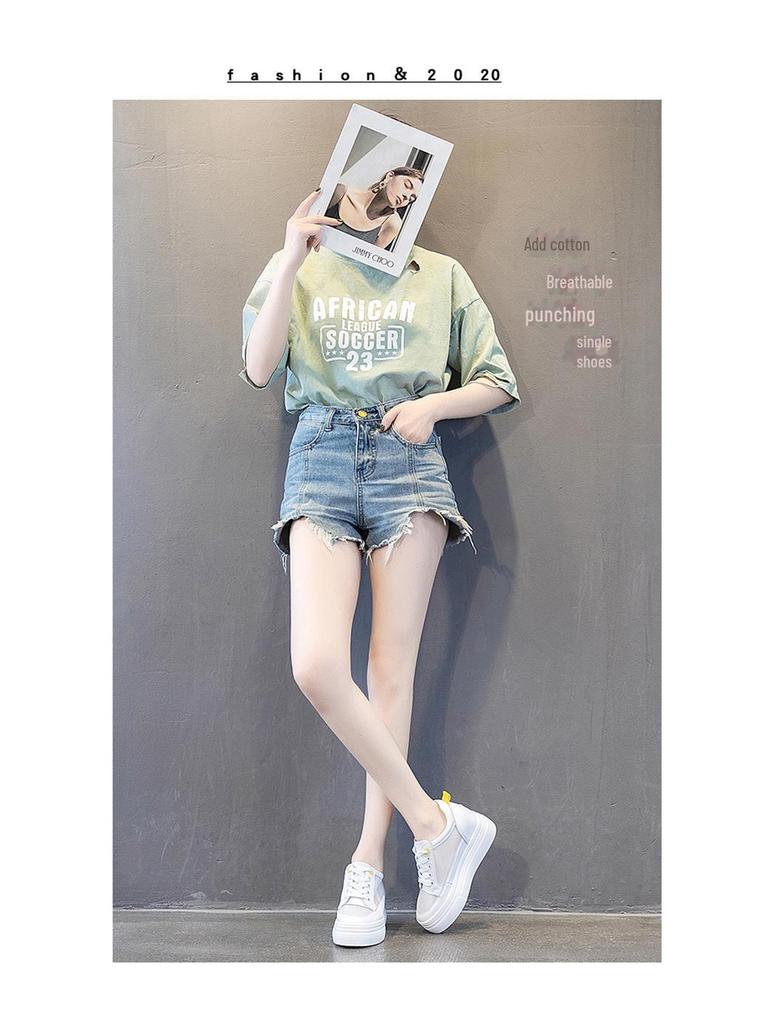 2024 Women's Genuine Leather Low-Top Autumn Sandals - Breathable, Thick-Soled, White Platform Shoes with Inner Height Boost.