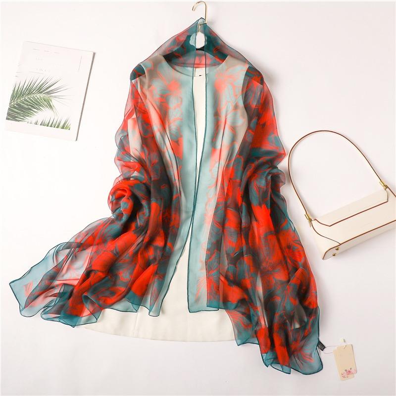Large size flower simulation silk commuting sunscreen light luxury silk scarf large shawl soft yarn scarf temperament pattern scarf women