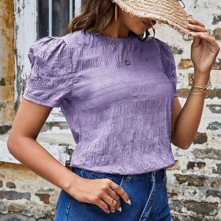 Casual Women s Short Sleeve Round Neck Plaid Jacquard Shirt Blouse Top Summer Spring S светло-фиолетовый